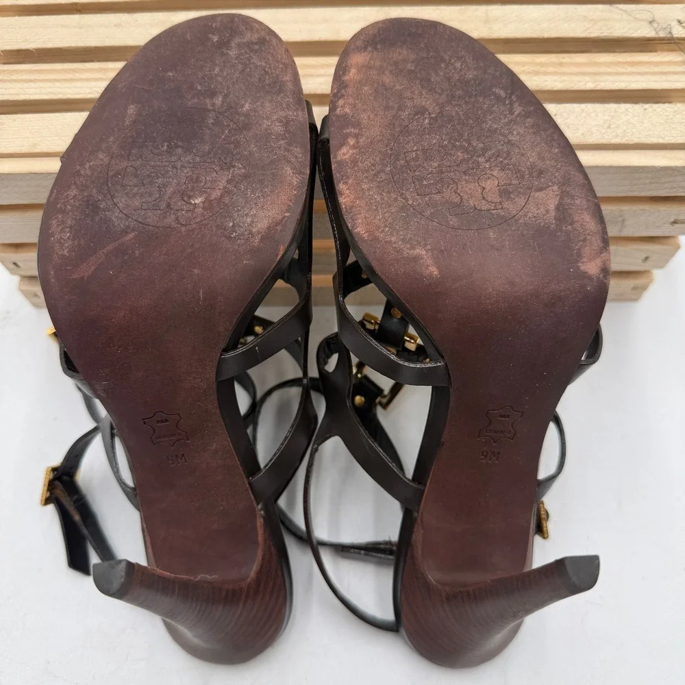 Tory Burch Francesca Gladiator Heels Double Buckle Leather Brown Gold Women 9M